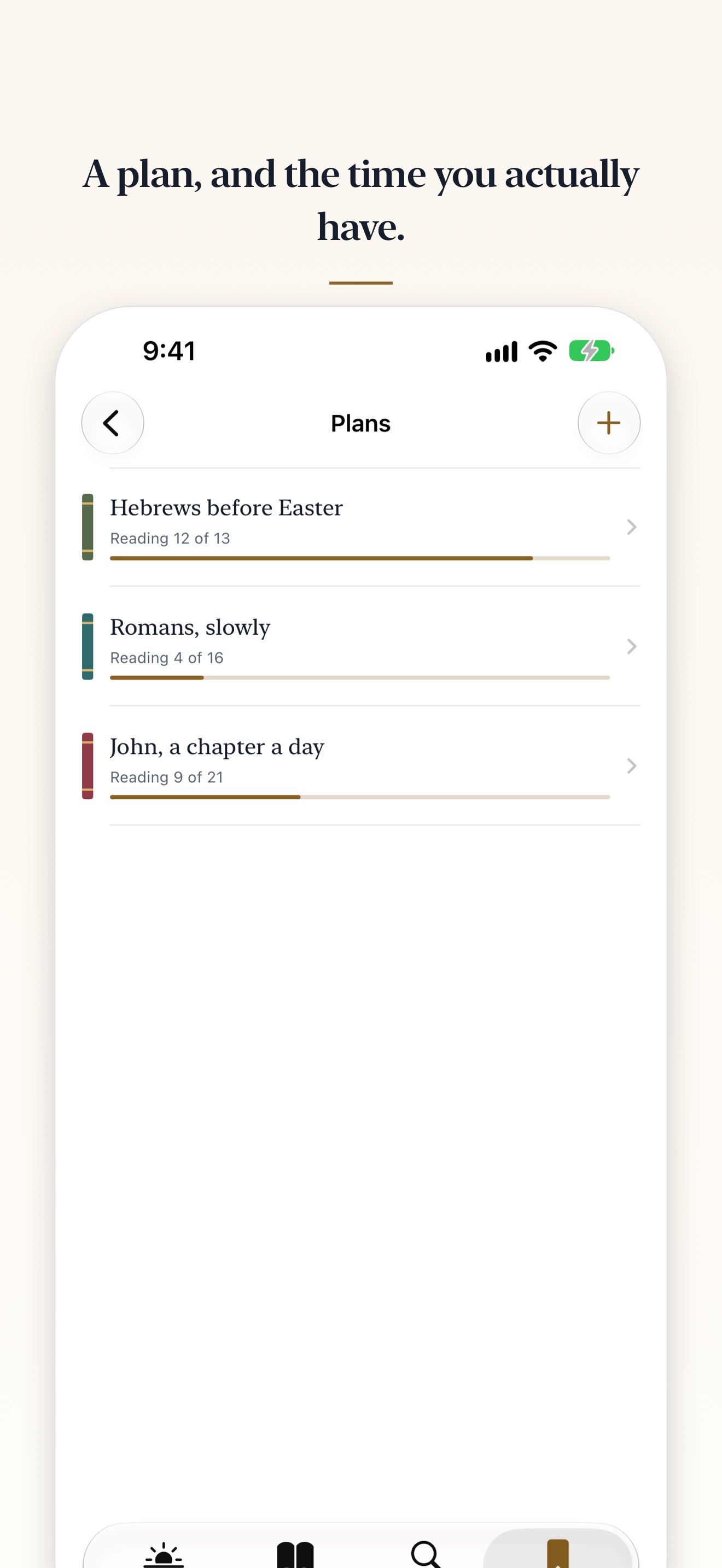 The Plans screen in Lamp & Line: three plans, each showing which reading comes next and how far through it is, with no dates.