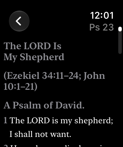 Psalm 23 on Apple Watch, under its heading, with the poetry set in lines.
